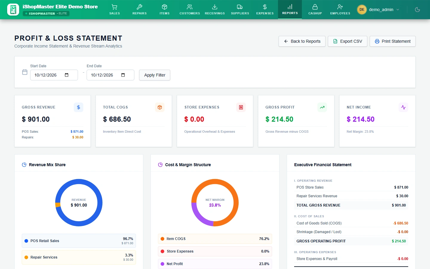 iShopMaster Elite corporate profit and loss statement and cash register settlement