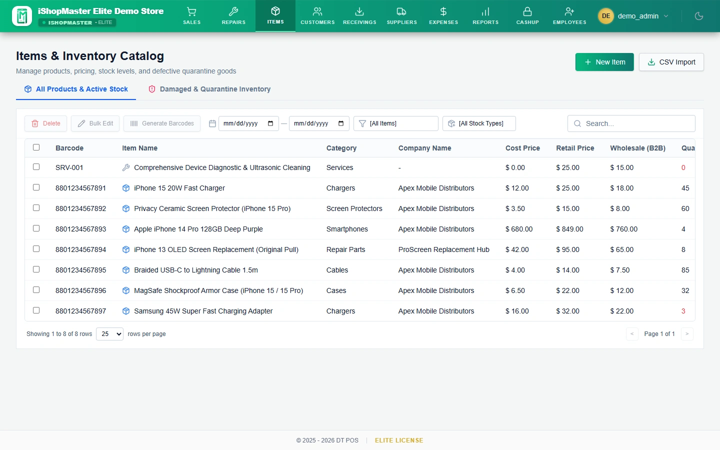 iShopMaster Elite inventory catalog showing multi-tier pricing, barcodes, and low stock warnings