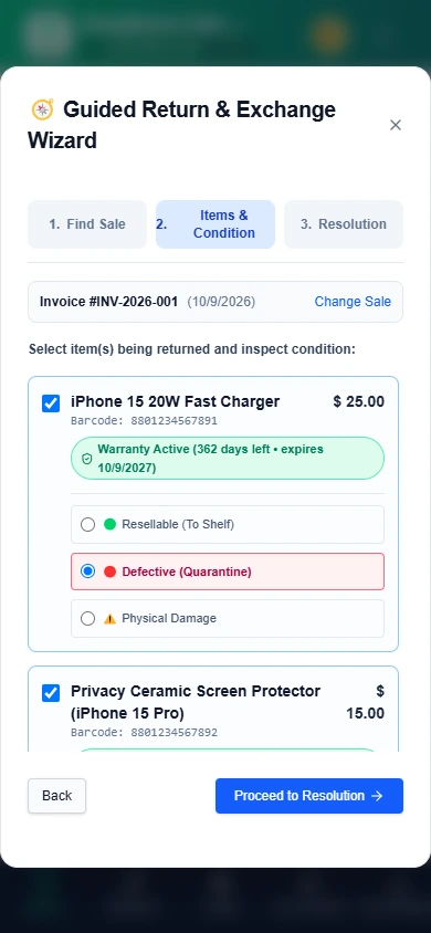 Mobile Guided Warranty Swap Wizard in iShopMaster Elite