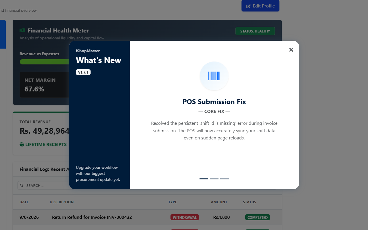 iShopMaster Pro Company Edit modal with Zakat Audit switch and Cloudinary configuration