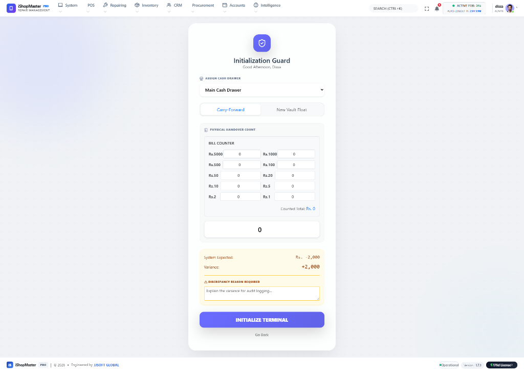 iShopMaster Pro Initialization Guard modal showing physical banknote counter, expected cash float Rs. -2,000, and variance audit log