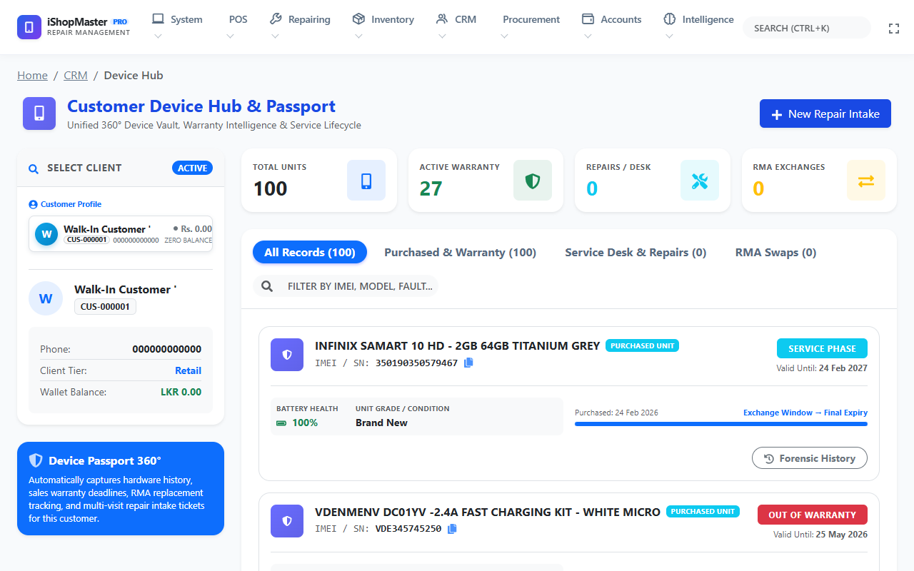 iShopMaster Pro Customer Device Hub showing client smartphone purchase history, IMEI, and battery health