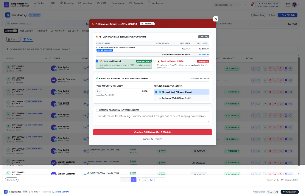 iShopMaster Pro Full Invoice Return modal for INV-000433 with Restock vs Defect Quarantine routing and Wallet Credit