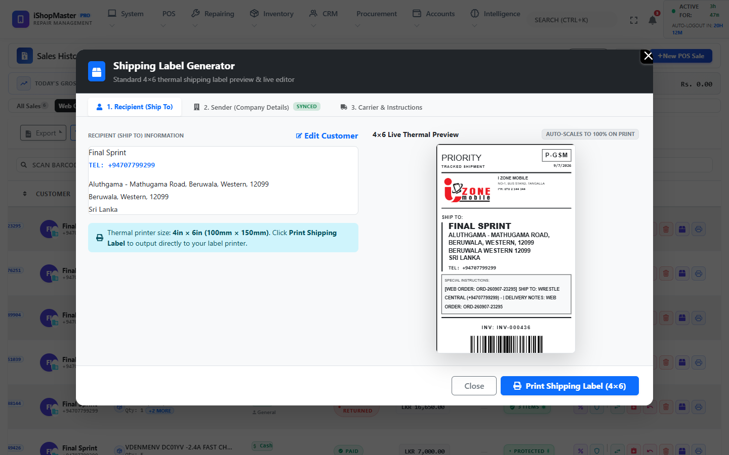 iShopMaster Pro 4x6 courier shipping label generator modal preview from All Sales row